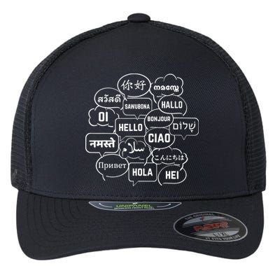 Hello In Many Languages Translator Globetrotter Polyglot Flexfit Unipanel Trucker Cap