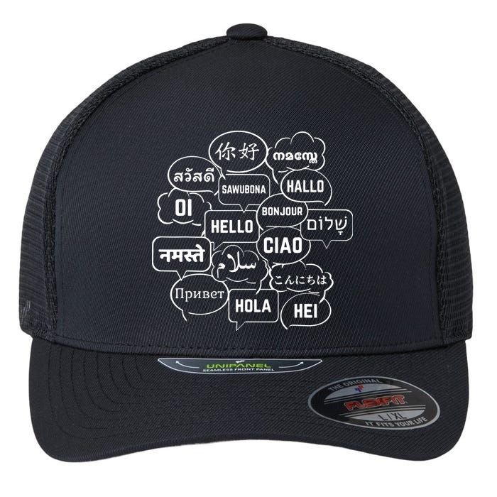 Hello In Many Languages Translator Globetrotter Polyglot Flexfit Unipanel Trucker Cap