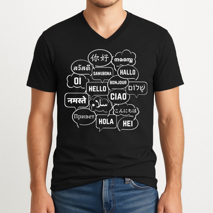 Hello In Many Languages Translator Globetrotter Polyglot V-Neck T-Shirt