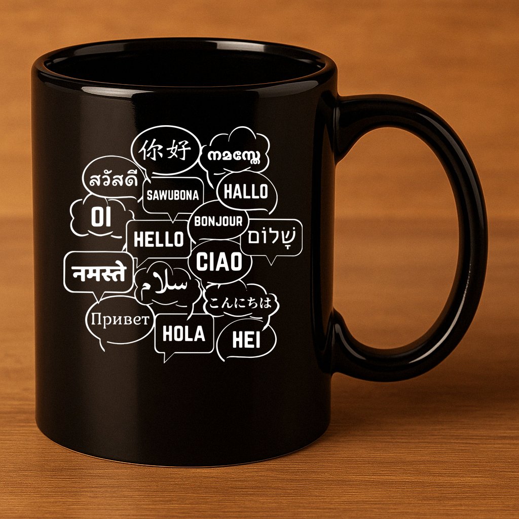 Hello In Many Languages Translator Globetrotter Polyglot 11oz C Handle Ceramic Mug