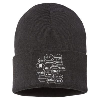 Hello In Many Languages Translator Globetrotter Polyglot Sustainable Knit Beanie