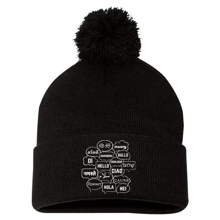 Hello In Many Languages Translator Globetrotter Polyglot Pom Pom 12in Knit Beanie