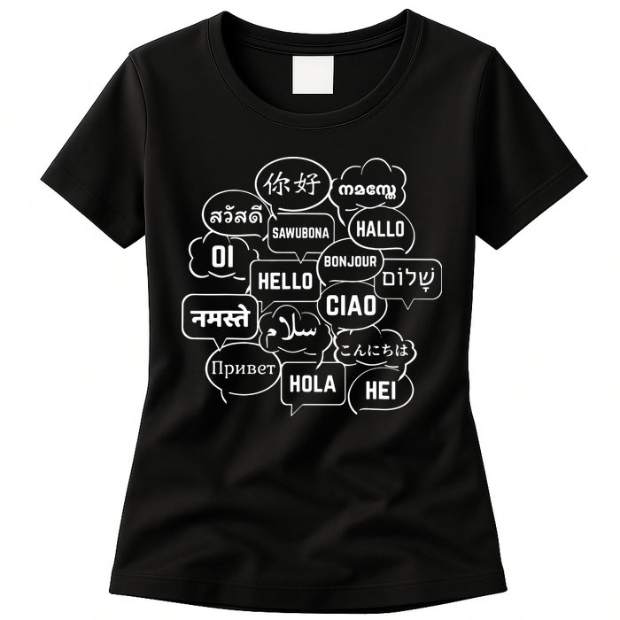 Hello In Many Languages Translator Globetrotter Polyglot Womens T-Shirt