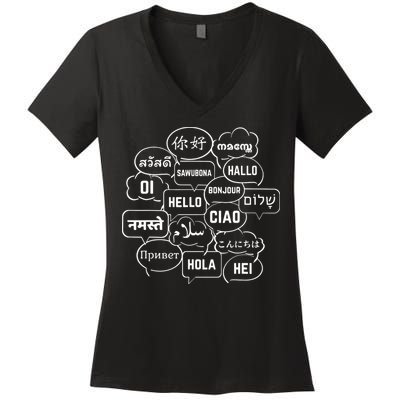 Hello In Many Languages Translator Globetrotter Polyglot Women's V-Neck T-Shirt