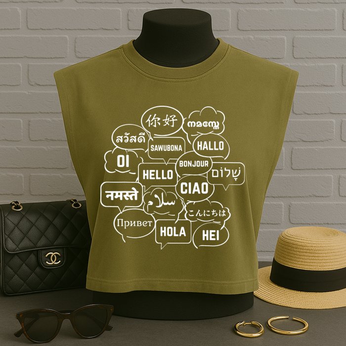 Hello In Many Languages Translator Globetrotter Polyglot Garment-Dyed Women's Muscle Tee