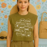 Hello In Many Languages Translator Globetrotter Polyglot Garment-Dyed Women's Muscle Tee