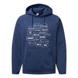 Hello In Many Languages Translator Globetrotter Polyglot Performance Fleece Hoodie