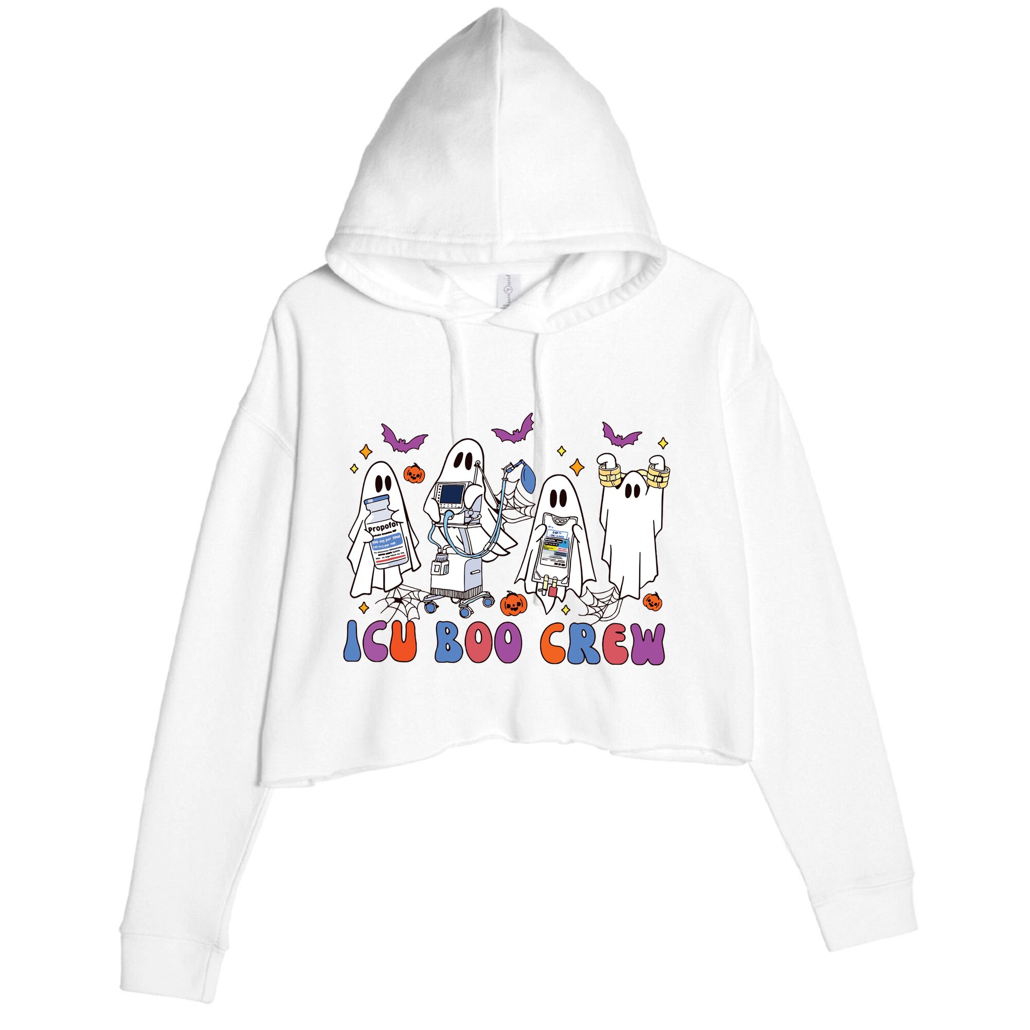 Halloween Icu Nurse Retro Icu Boo Crew Boo Ghosts Crop Fleece Hoodie
