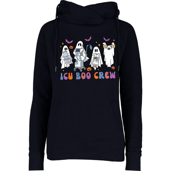 Halloween Icu Nurse Retro Icu Boo Crew Boo Ghosts Cropped Womens Funnel Neck Pullover Hood