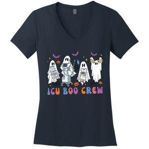 Halloween Icu Nurse Retro Icu Boo Crew Boo Ghosts Cropped Women's V-Neck T-Shirt