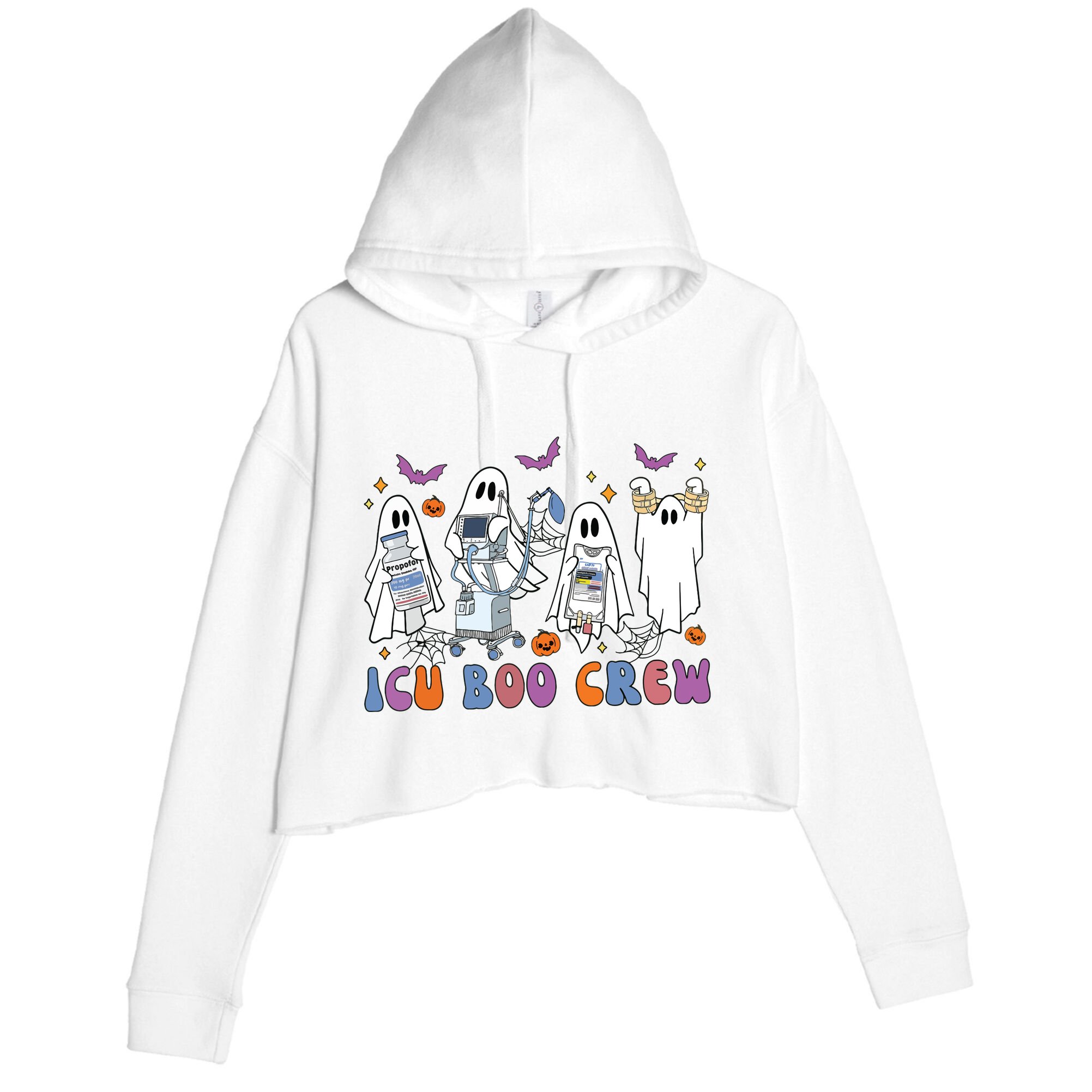 Halloween Icu Nurse Retro Icu Boo Crew Boo Ghosts Cropped Crop Fleece Hoodie