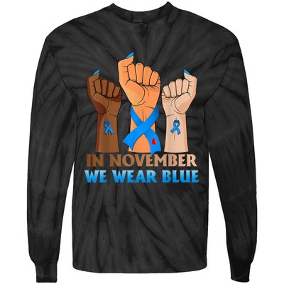 Hand In November We Wear Blue Diabetes Awareness Month Tie-Dye Long Sleeve Shirt