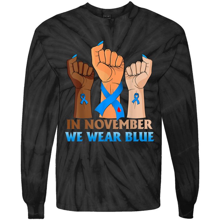 Hand In November We Wear Blue Diabetes Awareness Month Tie-Dye Long Sleeve Shirt