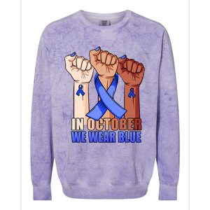 Hand In October We Wear Blue Colon Cancer Awareness Month Gift Colorblast Crewneck Sweatshirt