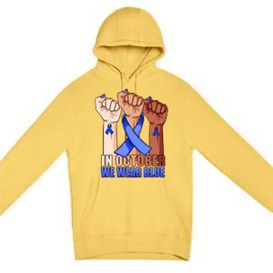 Hand In October We Wear Blue Colon Cancer Awareness Month Gift Premium Pullover Hoodie