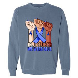 Hand In October We Wear Blue Colon Cancer Awareness Month Gift Garment-Dyed Sweatshirt