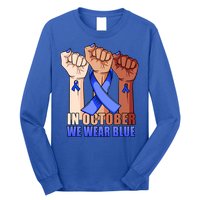 Hand In October We Wear Blue Colon Cancer Awareness Month Gift Long Sleeve Shirt