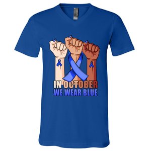 Hand In October We Wear Blue Colon Cancer Awareness Month Gift V-Neck T-Shirt