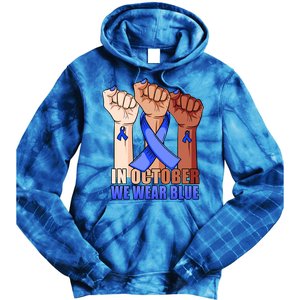 Hand In October We Wear Blue Colon Cancer Awareness Month Gift Tie Dye Hoodie