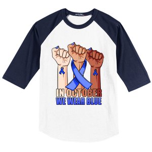 Hand In October We Wear Blue Colon Cancer Awareness Month Gift Baseball Sleeve Shirt