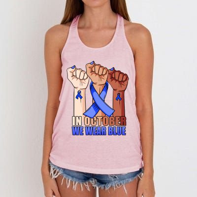 Hand In October We Wear Blue Colon Cancer Awareness Month Gift Women's Knotted Racerback Tank