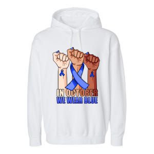 Hand In October We Wear Blue Colon Cancer Awareness Month Gift Garment-Dyed Fleece Hoodie