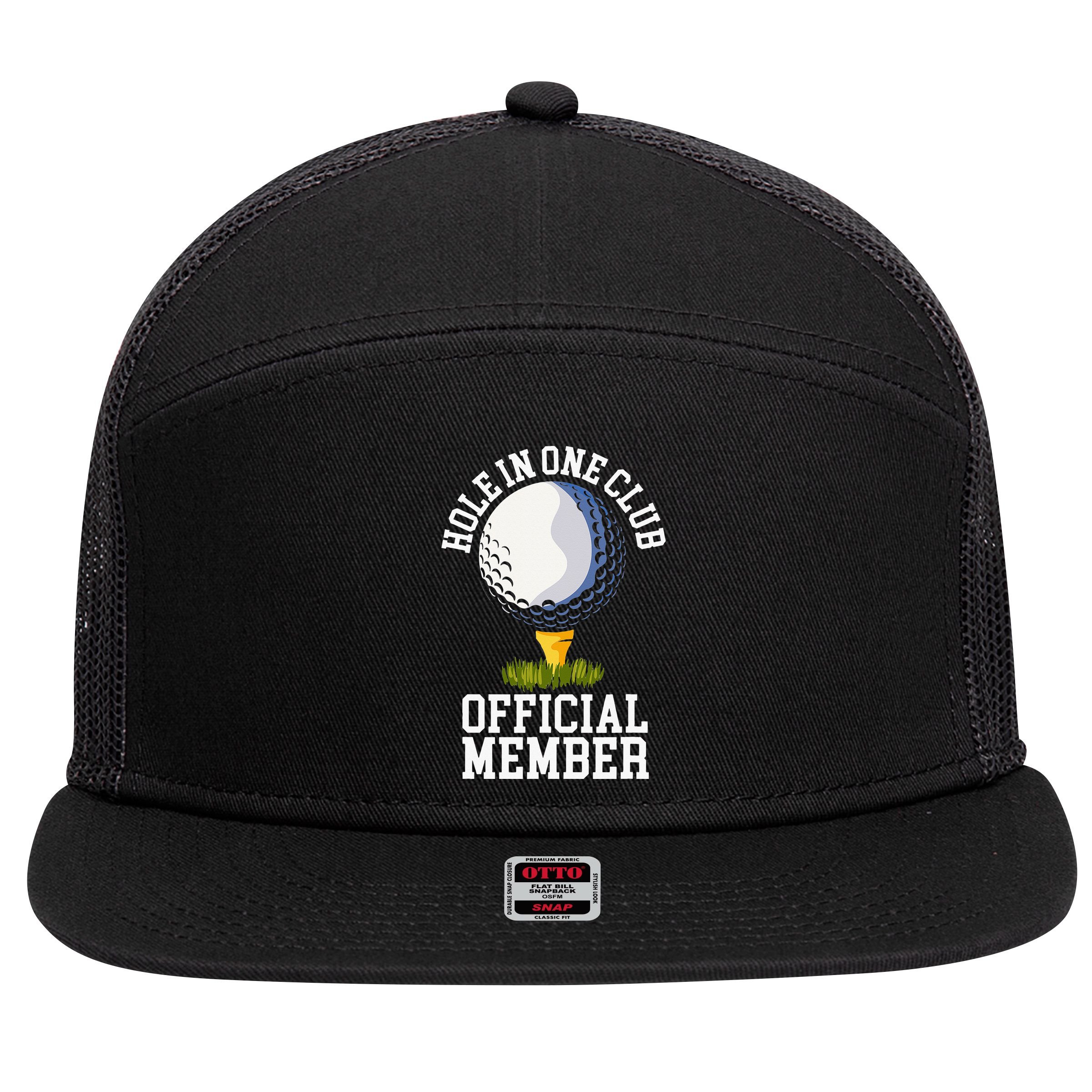 Hole In One Club Golf Club Golfer Hole In One 7 Panel Mesh Trucker Snapback Hat