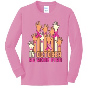 Hand In October We Wear Pink Breast Cancer Awareness Month Kids Long Sleeve Shirt