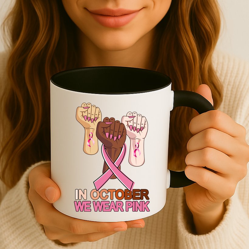 Hand In October We Wear Pink Breast Cancer Awareness Month TShirt Mug