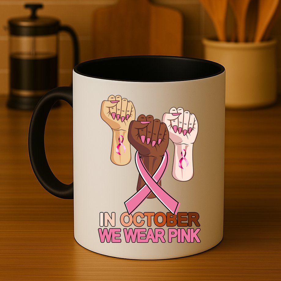 Hand In October We Wear Pink Breast Cancer Awareness Month TShirt Mug