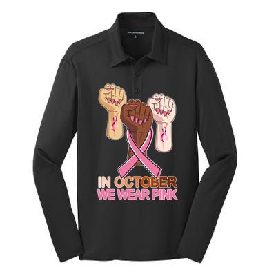 Hand In October We Wear Pink Breast Cancer Awareness Month TShirt Silk Touch Performance Long Sleeve Polo