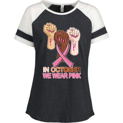 Hand In October We Wear Pink Breast Cancer Awareness Month TShirt Enza Ladies Jersey Colorblock Tee