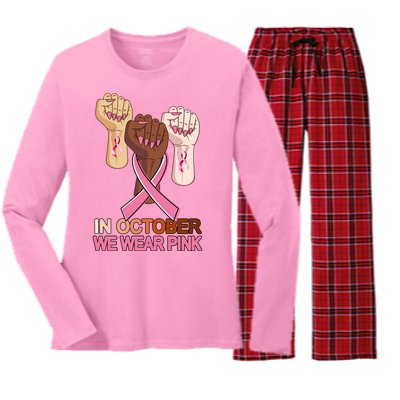 Hand In October We Wear Pink Breast Cancer Awareness Month TShirt Women's Long Sleeve Flannel Pajama Set 