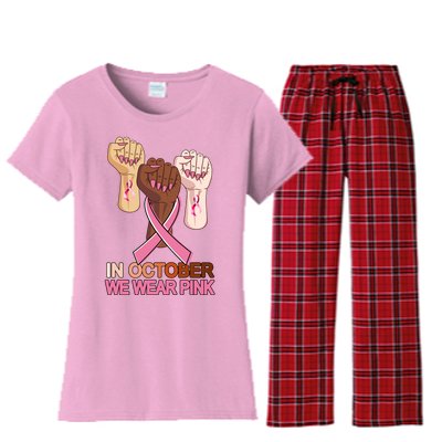 Hand In October We Wear Pink Breast Cancer Awareness Month TShirt Women's Flannel Pajama Set