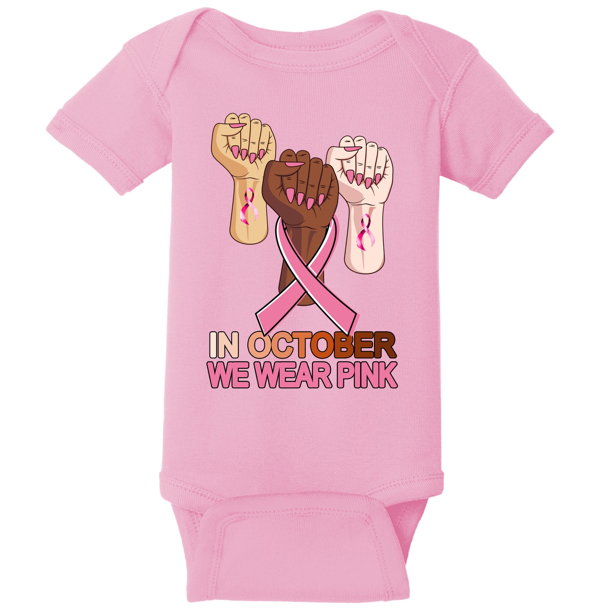 Hand In October We Wear Pink Breast Cancer Awareness Month TShirt Baby Bodysuit