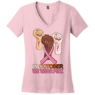 Hand In October We Wear Pink Breast Cancer Awareness Month TShirt Women's V-Neck T-Shirt