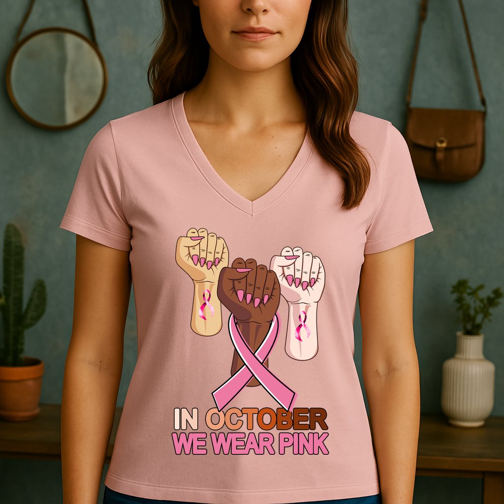 Hand In October We Wear Pink Breast Cancer Awareness Month TShirt Women's V-Neck T-Shirt