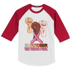 Hand In October We Wear Pink Breast Cancer Awareness Month TShirt Kids Colorblock Raglan Jersey