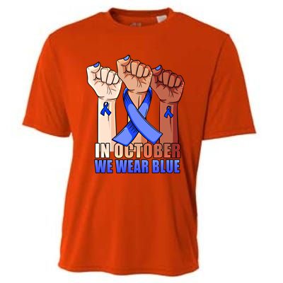 Hand In October We Wear Blue Colon Cancer Awareness Month Cool Gift Cooling Performance Crew T-Shirt