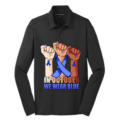 Hand In October We Wear Blue Colon Cancer Awareness Month Cool Gift Silk Touch Performance Long Sleeve Polo