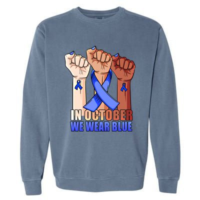 Hand In October We Wear Blue Colon Cancer Awareness Month Cool Gift Garment-Dyed Sweatshirt