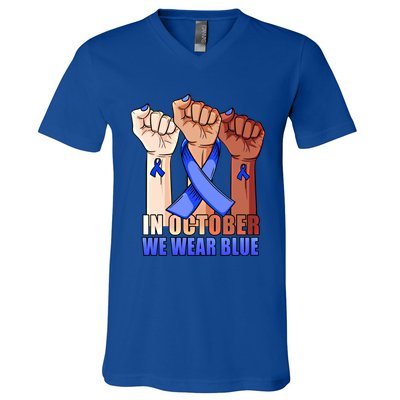 Hand In October We Wear Blue Colon Cancer Awareness Month Cool Gift V-Neck T-Shirt