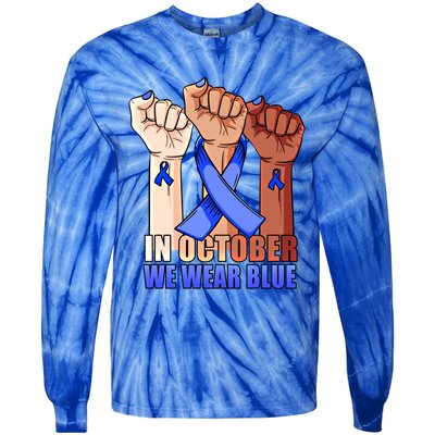 Hand In October We Wear Blue Colon Cancer Awareness Month Cool Gift Tie-Dye Long Sleeve Shirt