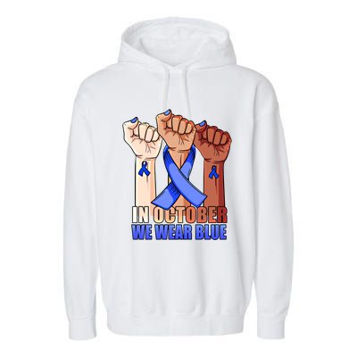 Hand In October We Wear Blue Colon Cancer Awareness Month Cool Gift Garment-Dyed Fleece Hoodie