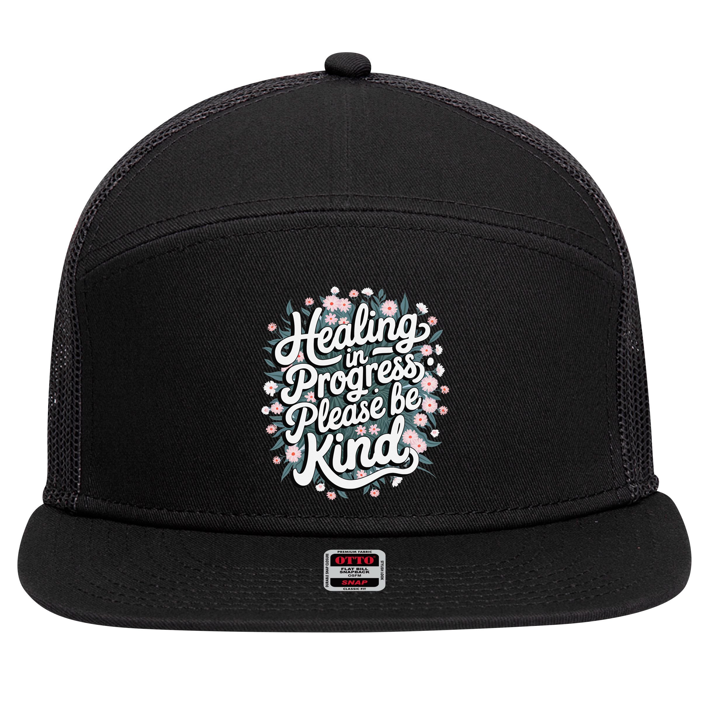 Healing In Progress Please Be Kind Floral Positive 7 Panel Mesh Trucker Snapback Hat