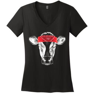 Hippie Cow Red Bandanna  Women's V-Neck T-Shirt