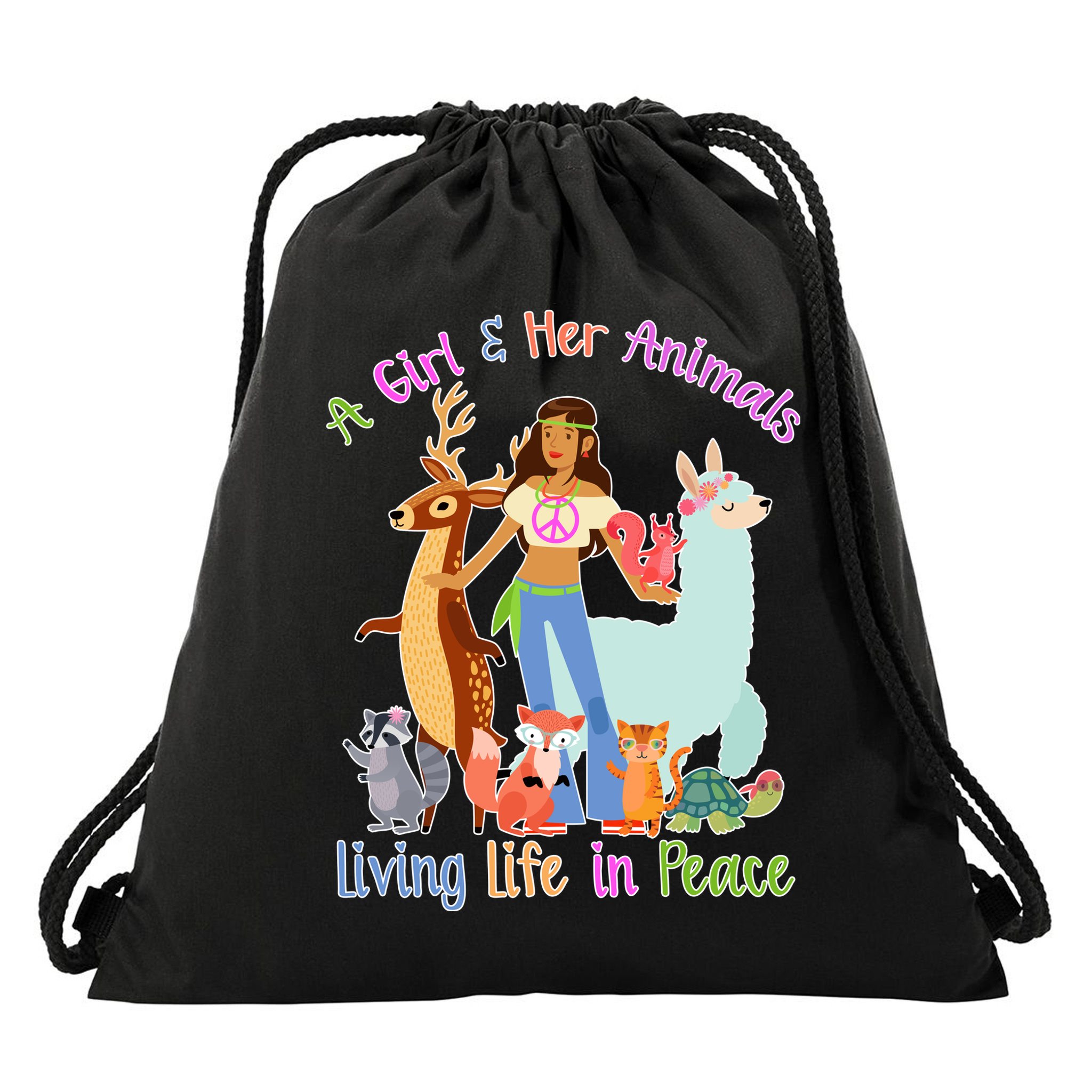 Hippie Girl And Her Animals Living Life Drawstring Bag