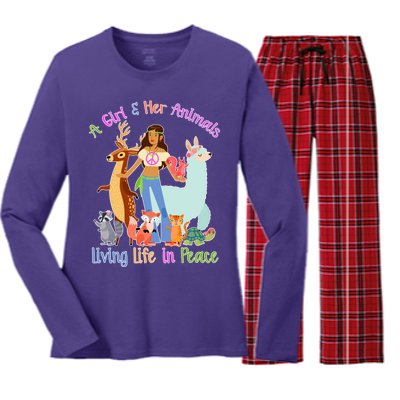 Hippie Girl And Her Animals Living Life Women's Long Sleeve Flannel Pajama Set 