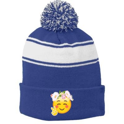 Hippy Smiley Face Peace Sign Stripe Pom Pom Beanie
