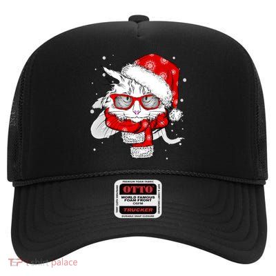 Hipster Christmas Cat High Crown Mesh Back Trucker Hat